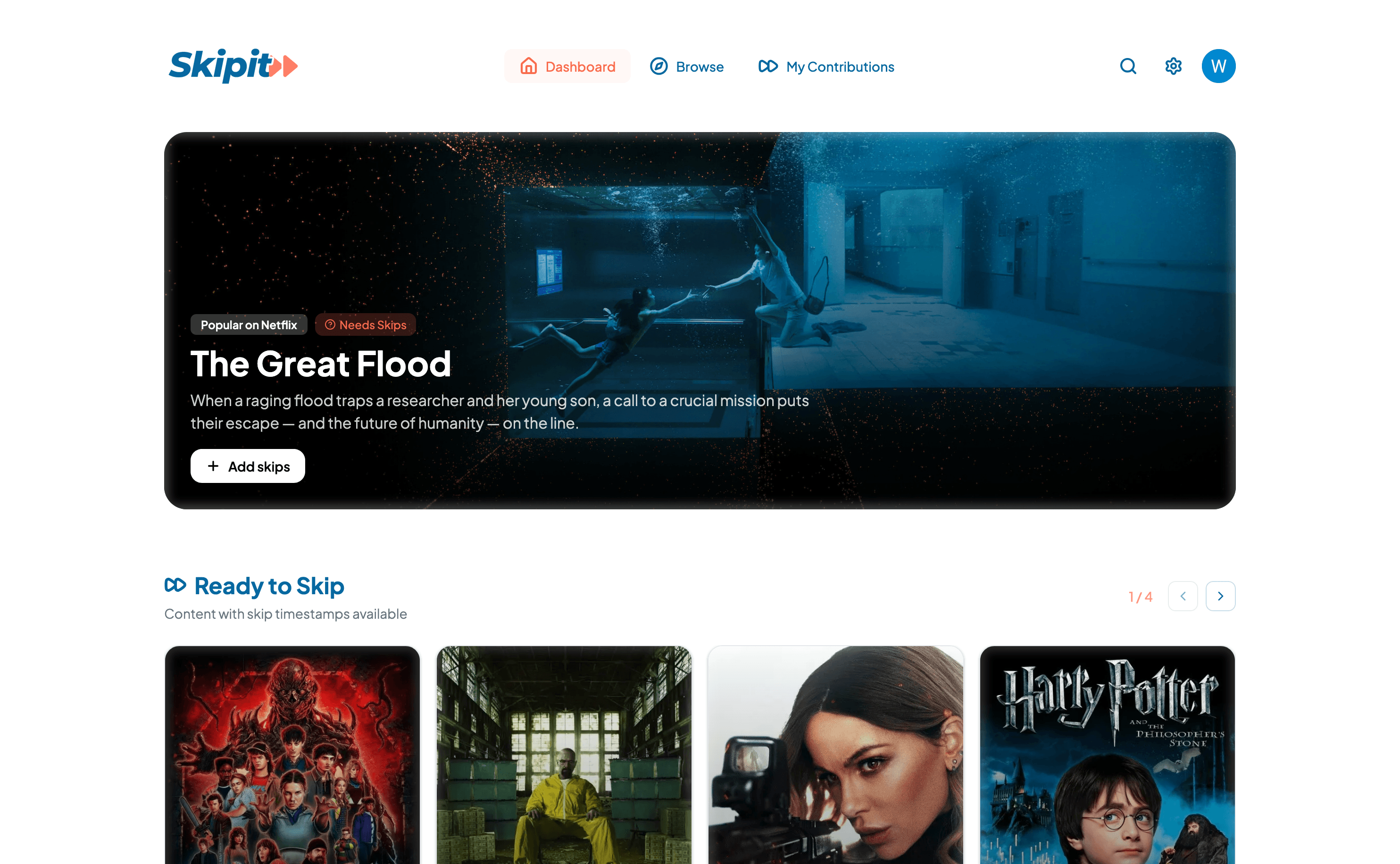 Skipit dashboard showing Netflix movies and TV shows with skip timestamps